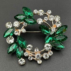 Yellow Gold with Emerald and Diamond Crystal Floral Leaf Wreath Pin Back Brooch